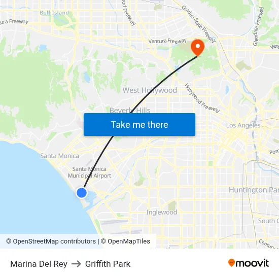 Marina Del Rey to Griffith Park map