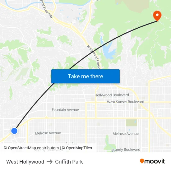 West Hollywood to Griffith Park map
