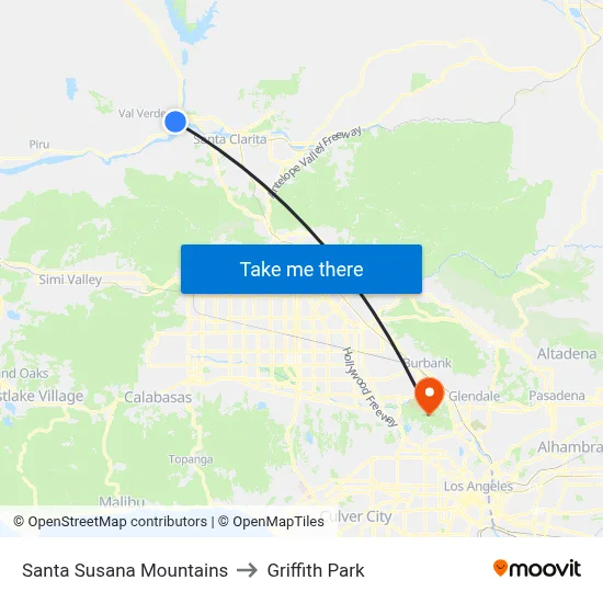 Santa Susana Mountains to Griffith Park map