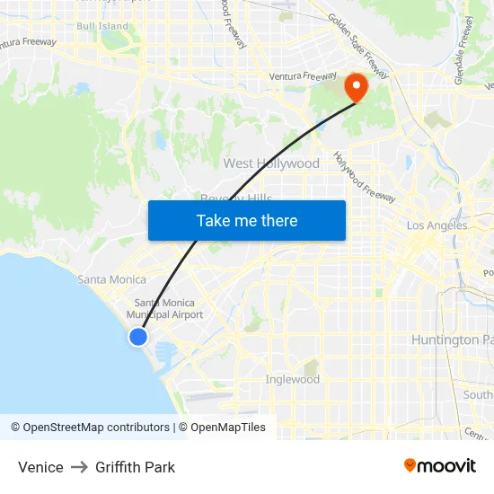 Venice to Griffith Park map