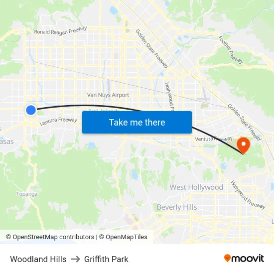 Woodland Hills to Griffith Park map