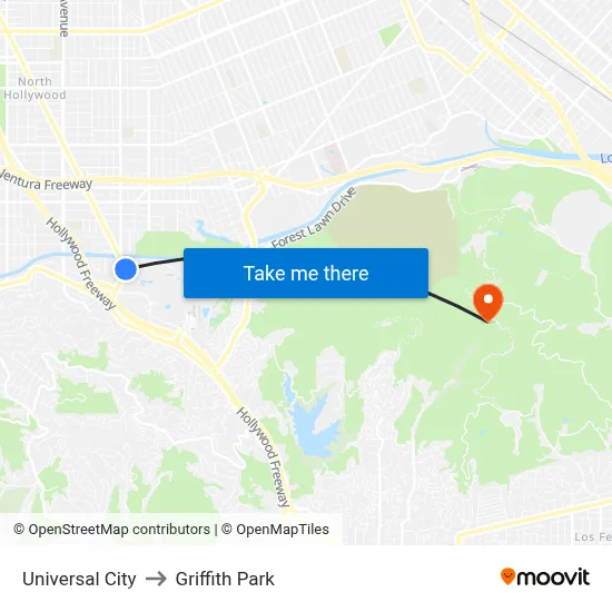 Universal City to Griffith Park map