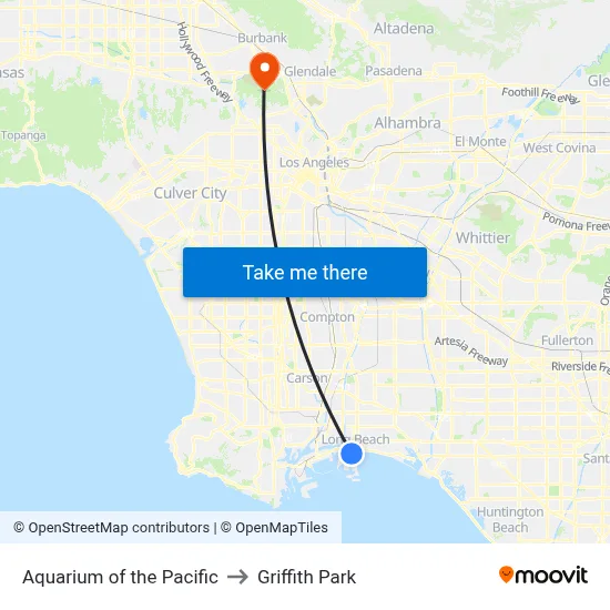 Aquarium of the Pacific to Griffith Park map