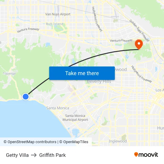 Getty Villa to Griffith Park map