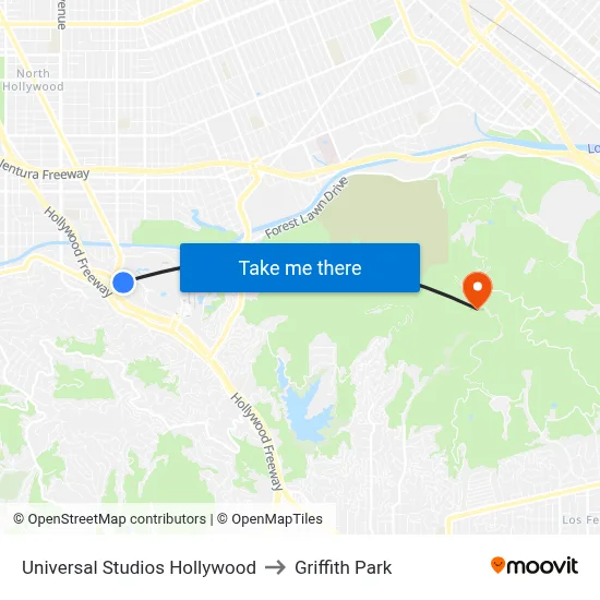 Universal Studios Hollywood to Griffith Park map