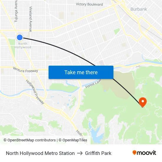 North Hollywood Metro Station to Griffith Park map