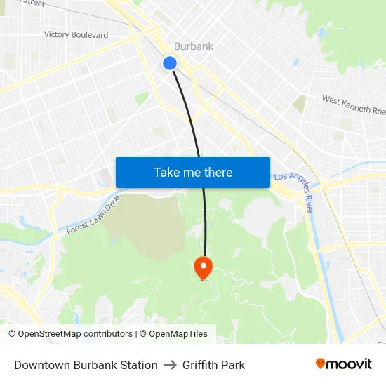 Downtown Burbank Station to Griffith Park map