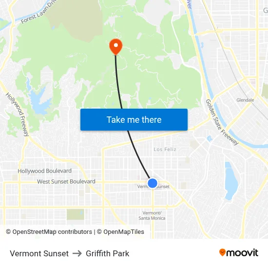 Vermont Sunset to Griffith Park map