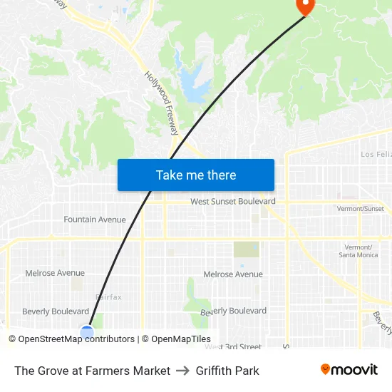 The Grove at Farmers Market to Griffith Park map