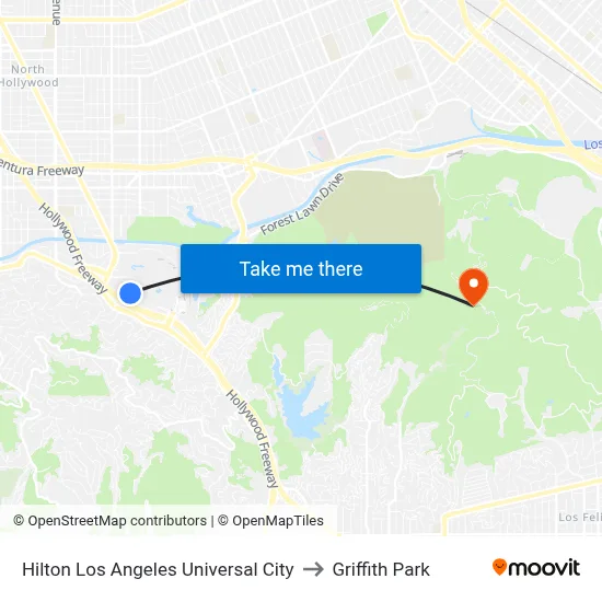 Hilton Los Angeles Universal City to Griffith Park map