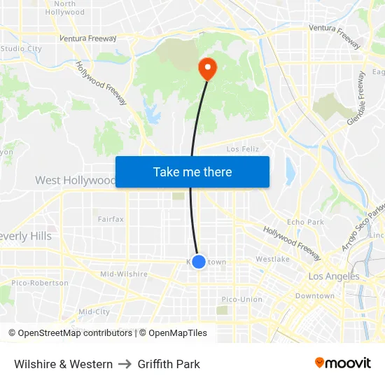Wilshire & Western to Griffith Park map