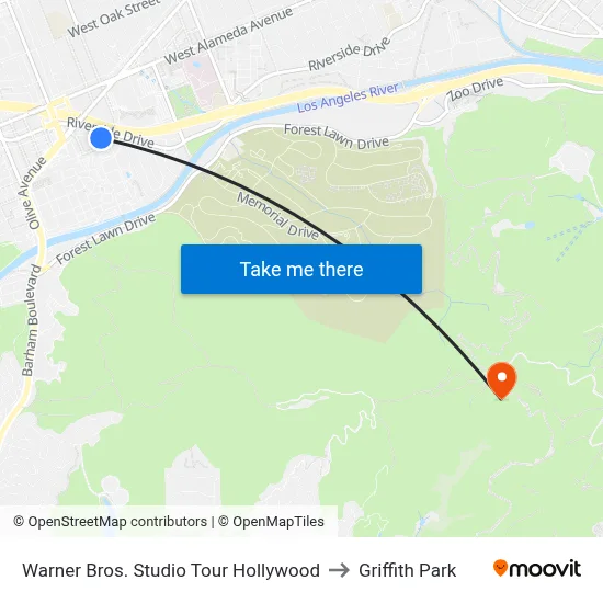 Warner Bros. Studio Tour Hollywood to Griffith Park map