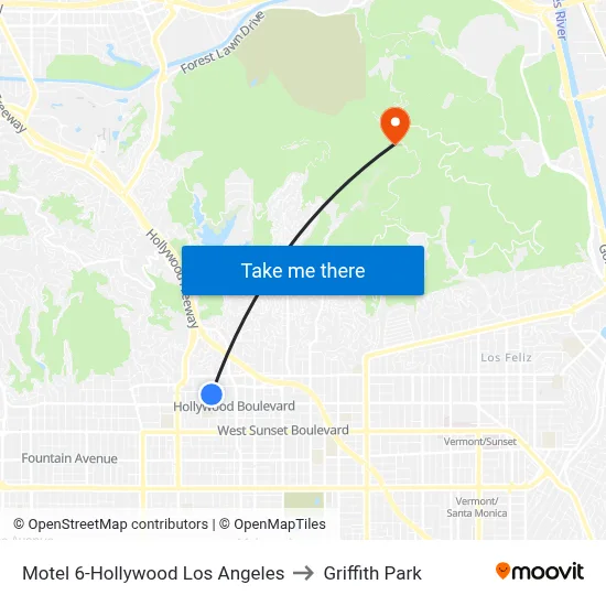 Motel 6-Hollywood Los Angeles to Griffith Park map