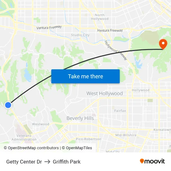 Getty Center Dr to Griffith Park map