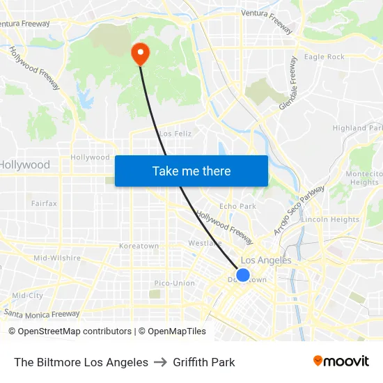 The Biltmore Los Angeles to Griffith Park map