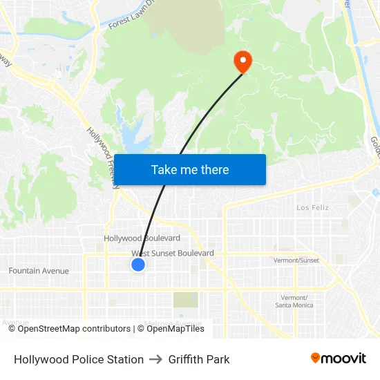 Hollywood Police Station to Griffith Park map