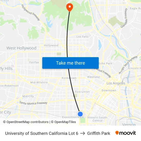 University of Southern California Lot 6 to Griffith Park map