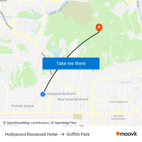 Hollywood Roosevelt Hotel to Griffith Park map