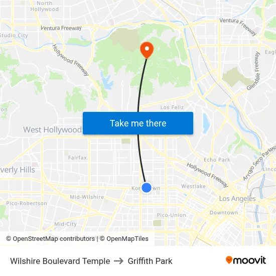 Wilshire Boulevard Temple to Griffith Park map