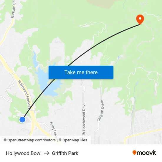 Hollywood Bowl to Griffith Park map