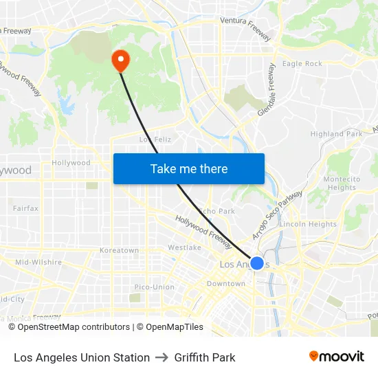 Los Angeles Union Station to Griffith Park map