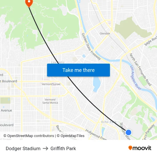 Dodger Stadium to Griffith Park map