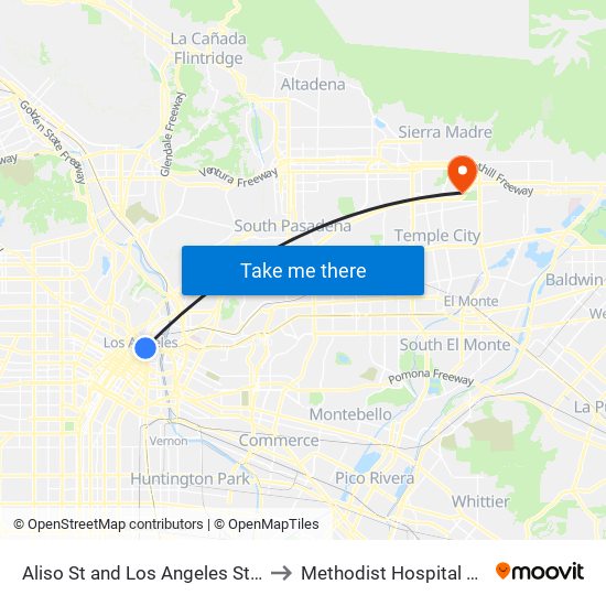 Aliso St and Los Angeles St E to Methodist Hospital PT map