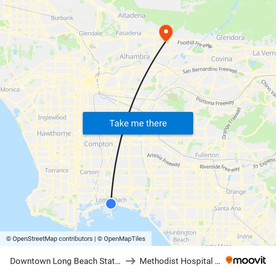 Downtown Long Beach Station to Methodist Hospital PT map