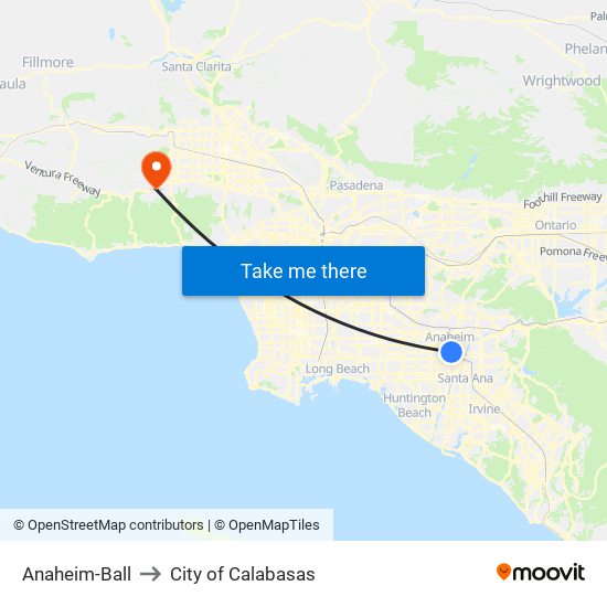 Anaheim-Ball to City of Calabasas map