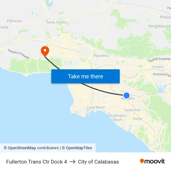 Fullerton Trans Ctr Dock 4 to City of Calabasas map