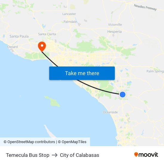 Temecula Bus Stop to City of Calabasas map