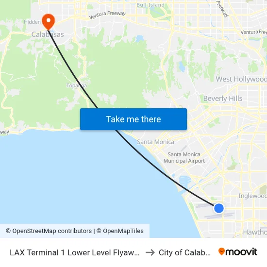 LAX Terminal 1 Lower Level Flyaway Stop to City of Calabasas map