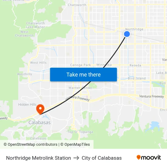 Northridge Metrolink Station to City of Calabasas map
