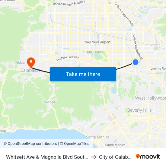 Whitsett Ave & Magnolia Blvd Southbound to City of Calabasas map