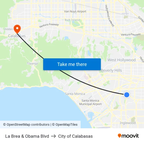 La Brea & Obama Blvd to City of Calabasas map