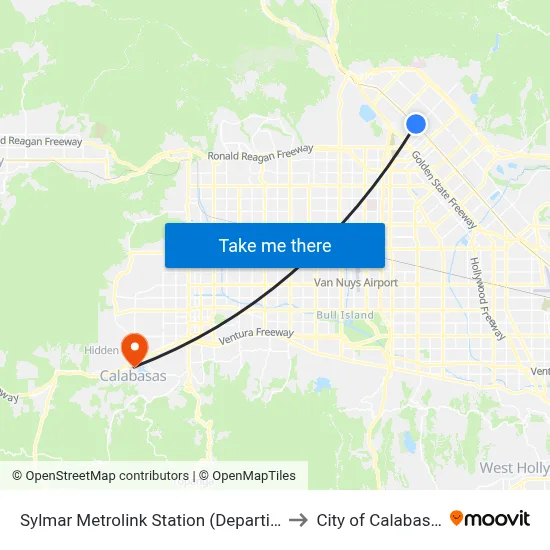 Sylmar Metrolink Station (Departing) to City of Calabasas map