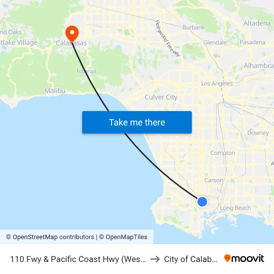 110 Fwy & Pacific Coast Hwy (Westbound) to City of Calabasas map