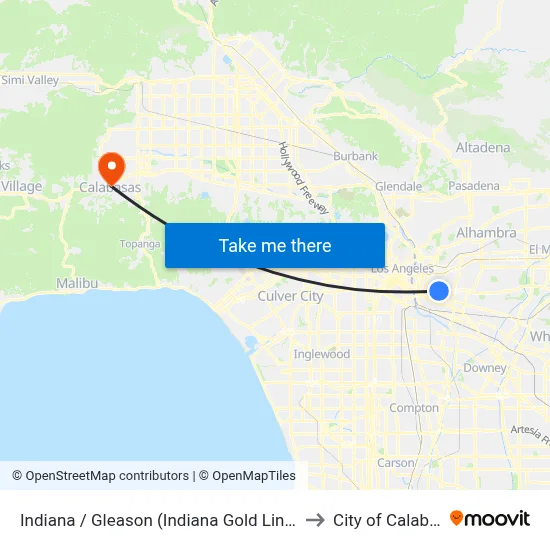 Indiana / Gleason (Indiana Gold Line Station) to City of Calabasas map