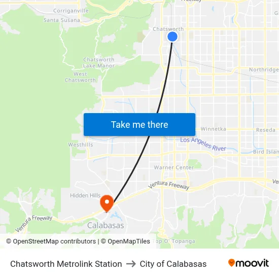 Chatsworth Metrolink Station to City of Calabasas map
