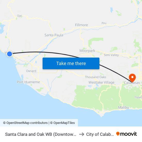Santa Clara and Oak WB (Downtown Ventura) to City of Calabasas map