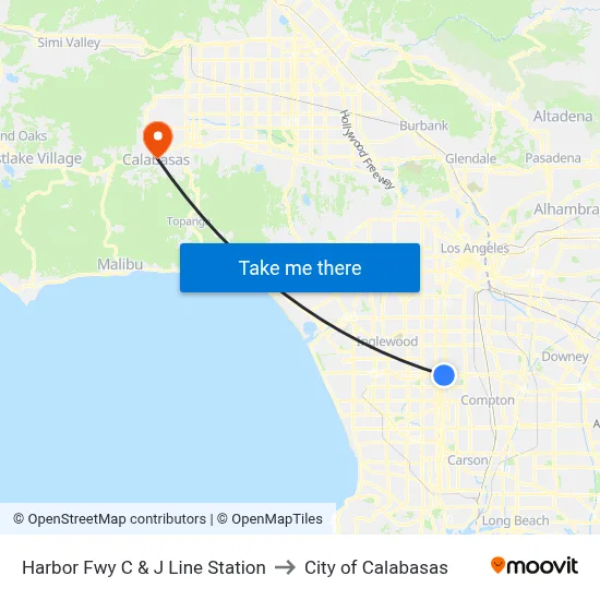 Harbor Fwy C & J Line Station to City of Calabasas map