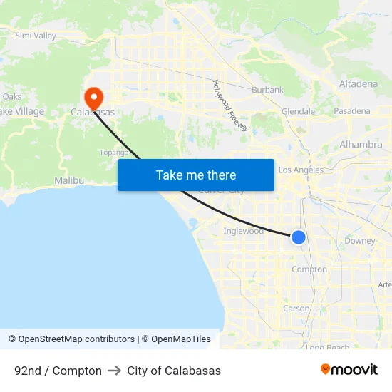 92nd / Compton to City of Calabasas map