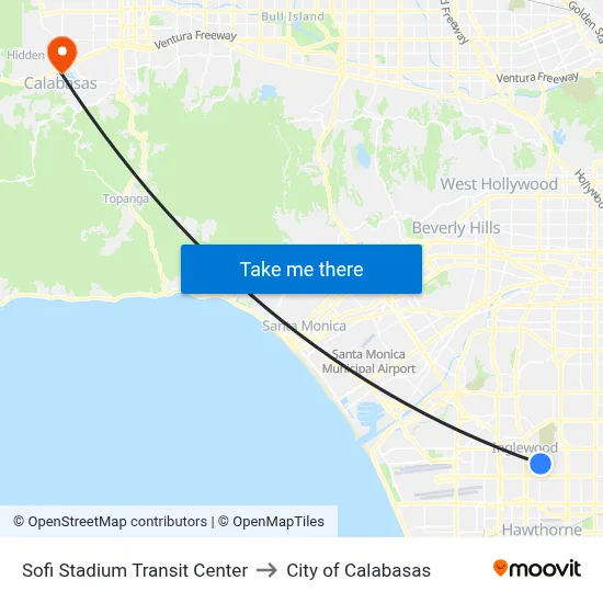 Sofi Stadium Transit Center to City of Calabasas map