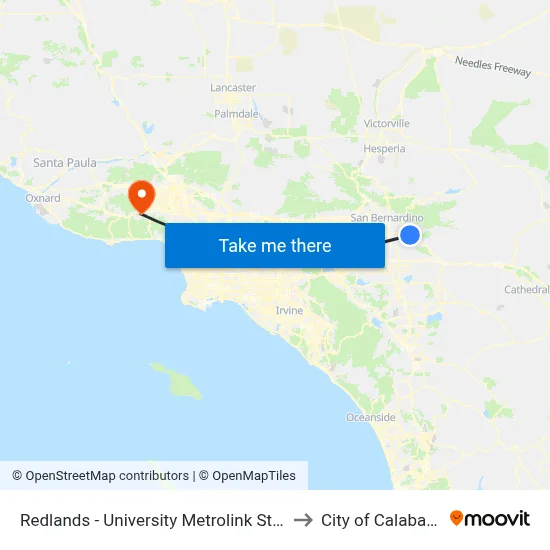 Redlands - University Metrolink Station to City of Calabasas map