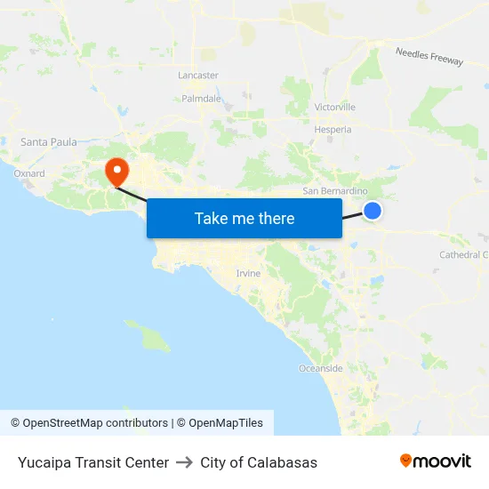 Yucaipa Transit Center to City of Calabasas map