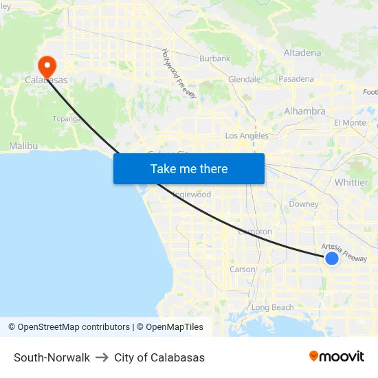 South-Norwalk to City of Calabasas map