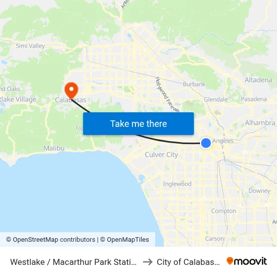 Westlake / Macarthur Park Station to City of Calabasas map