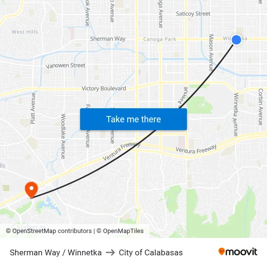 Sherman Way / Winnetka to City of Calabasas map