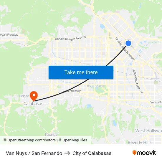 Van Nuys / San Fernando to City of Calabasas map