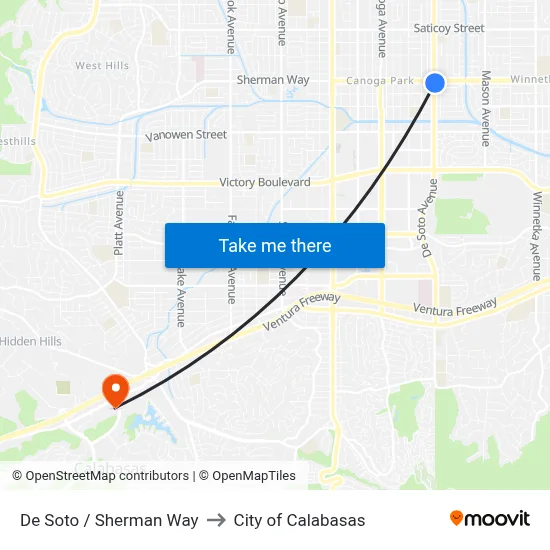 De Soto / Sherman Way to City of Calabasas map